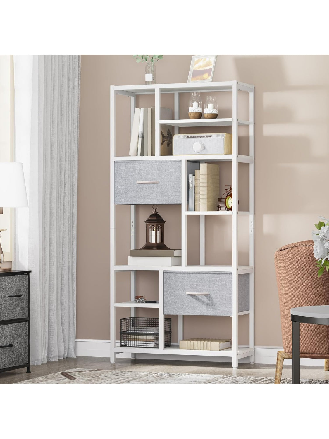 Estanteria Alta de Libros con 7 Niveles y Cajones Integrados Diseno Industrial de Acero para Sala Oficina Estudio Pasillo y Cocina Blanco