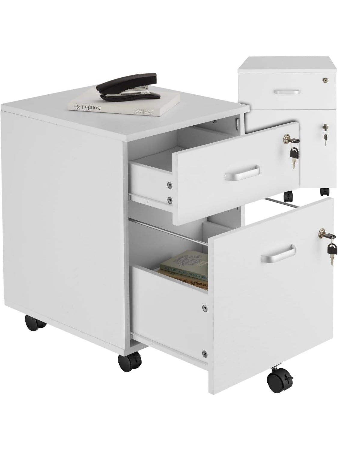 Cajonera Baja de Oficina con Ruedas y Cerradura de Seguridad con 2 Cajones Color Blanco