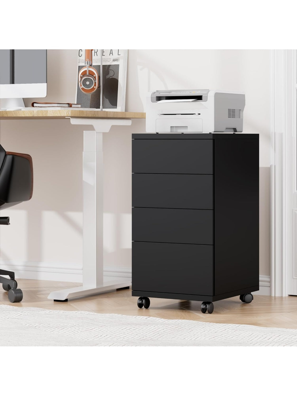 Carrito Auxiliar de Trabajo con Soporte para Impresora Cuatro Cajones y Estructura de Almacenamiento Negro