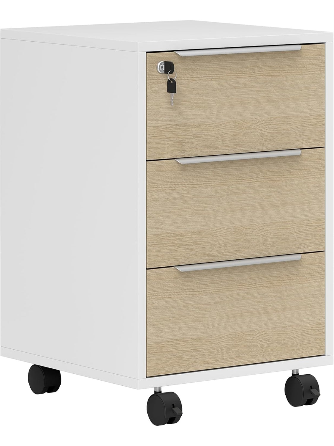 Cajonera Auxiliar de Escritorio con Tres Compartimentos de Almacenamiento Combinacion Blanco y Roble