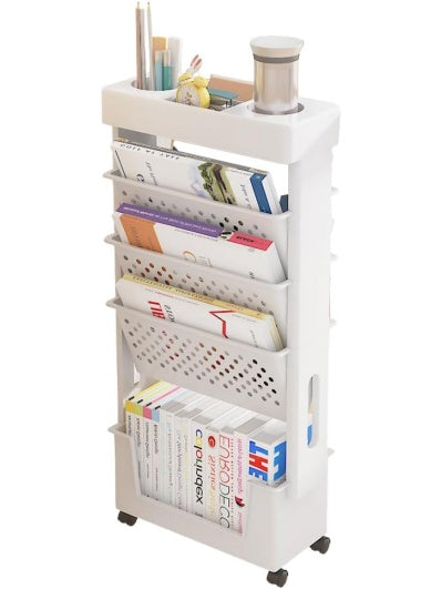 Estanteria Movil con Ruedas para Revistas Libros y Material Escolar de Uso Multifuncional Blanco