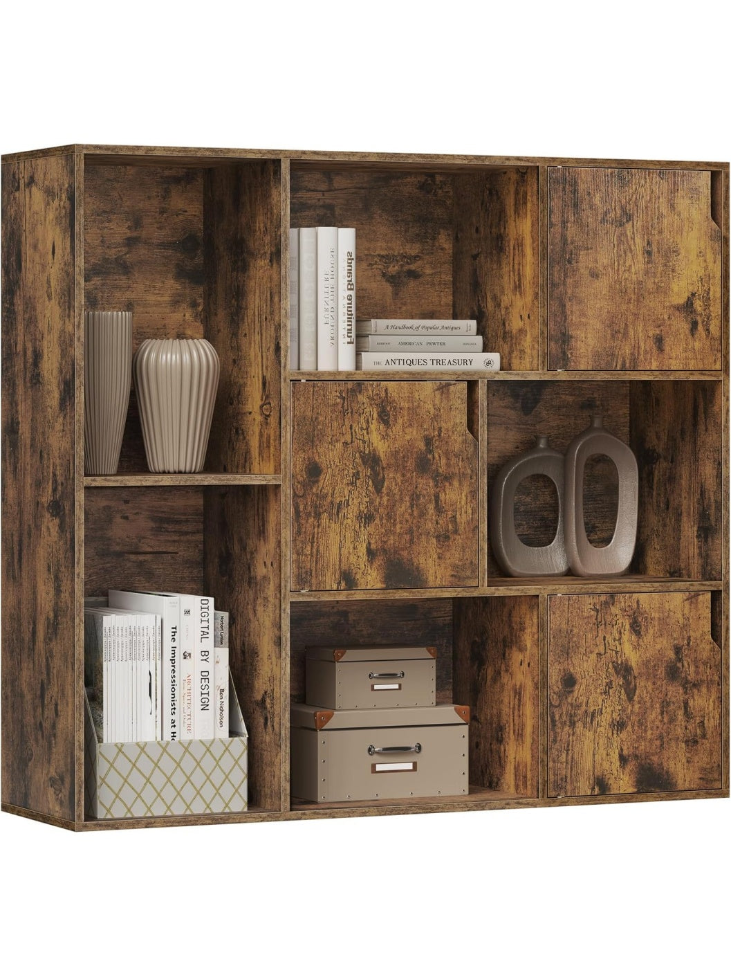 Separador de Ambientes con Ocho Cubos Tres Puertas y Estantes de Almacenaje para Salon Oficina Marron Rustico