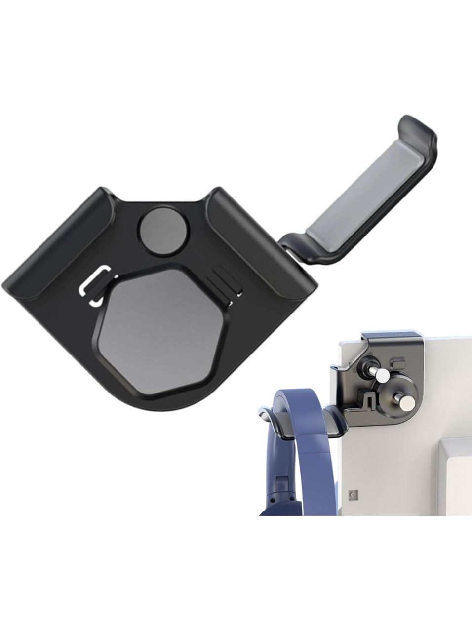 Soporte ajustable para auriculares con fijacion al monitor y espacio organizador integrado