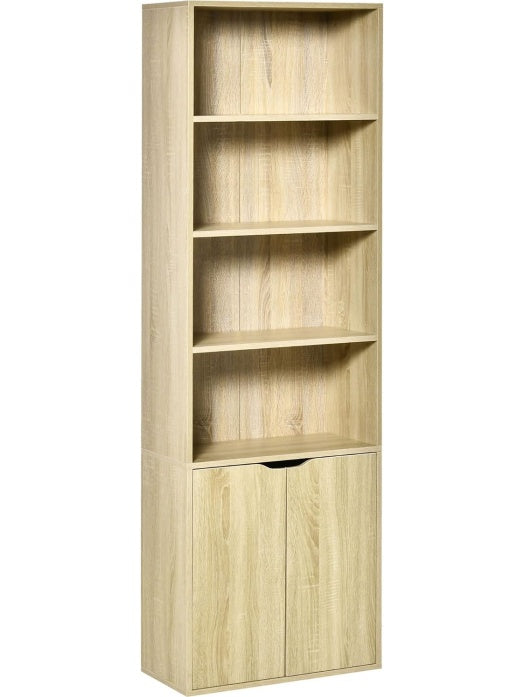 Libreria Alta con Seis Niveles Dos Puertas y Estantes Abiertos para Salon Oficina y Estudio Natural